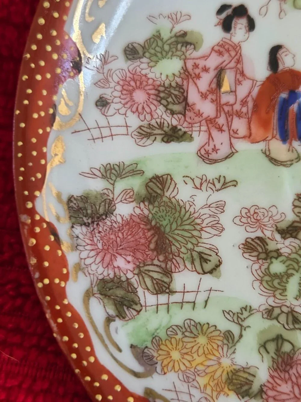 Japanese hand painted porcelain demitasse cup and saucer Geisha garden gilt trim